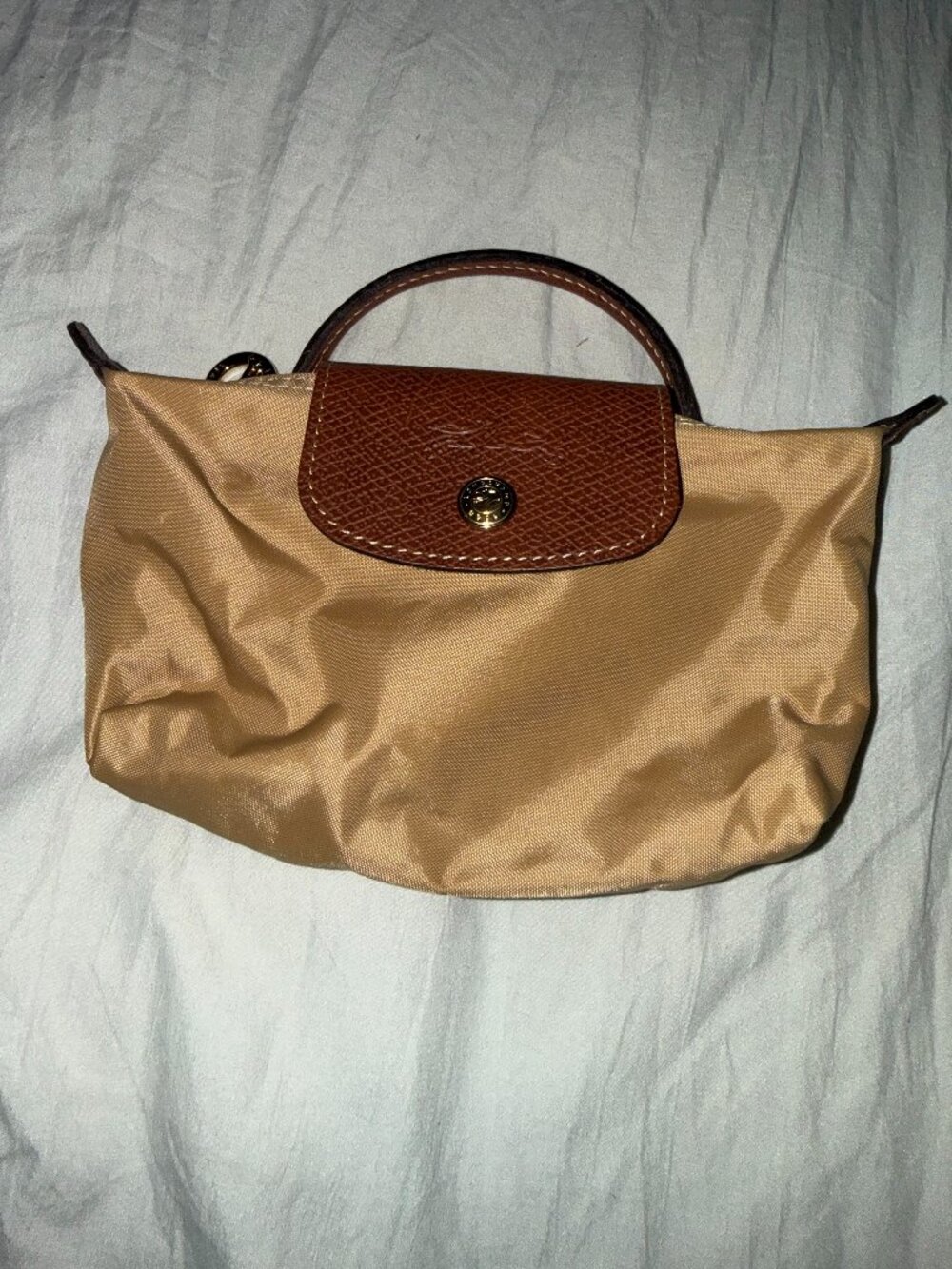 Longchamp Mini Le Pliage Tan Nylon Crossbody with Brown Leather Trim